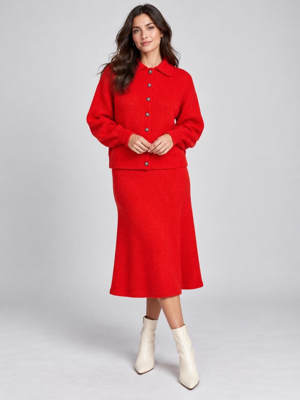 Vintage 1950s Minnesota Knits Red Wool Knit Cardigan & Skirt Set Duluth